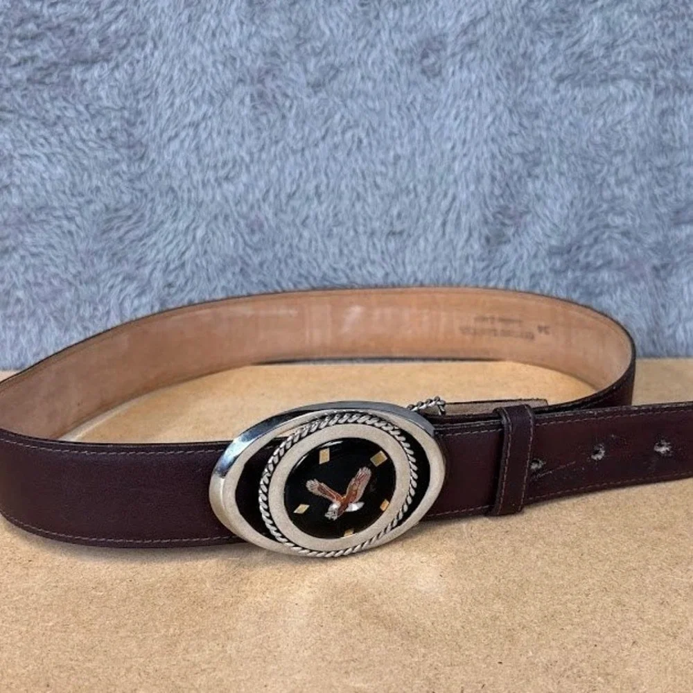 Mens‎ Dark Brown Genuine Leather Belt Size 34 Western Eagle Oval Buckle Suede